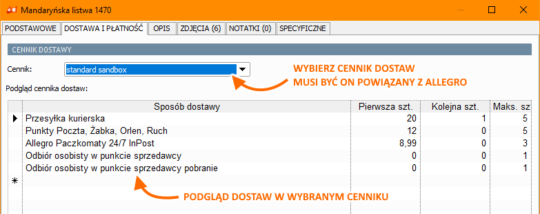 Wybór cennika dostaw w ofercie Allegro