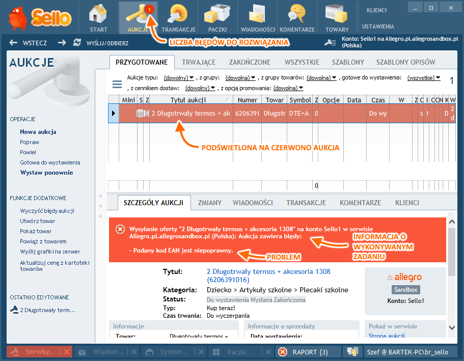 Błędy synchronizacji widoczne wprost na liście aukcji