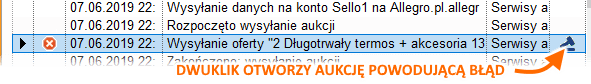 Otwarcie okna edycji aukcji powodującej błąd przy wystawianiu