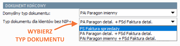 Wybór typu dokumentu dla klientów bez nipu